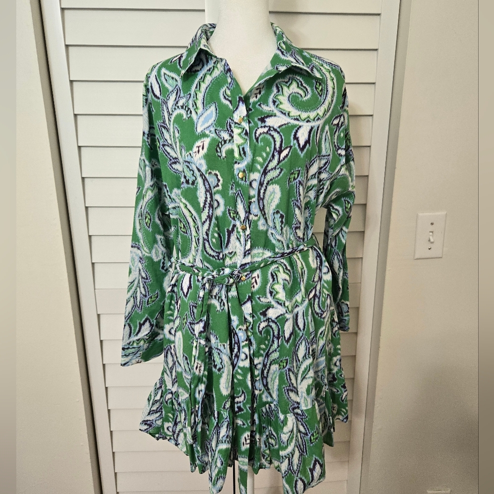 ZARA Spring Collection 2022 Blue / Green Printed Shirt Mini Dress Size L - Picture 6 of 14